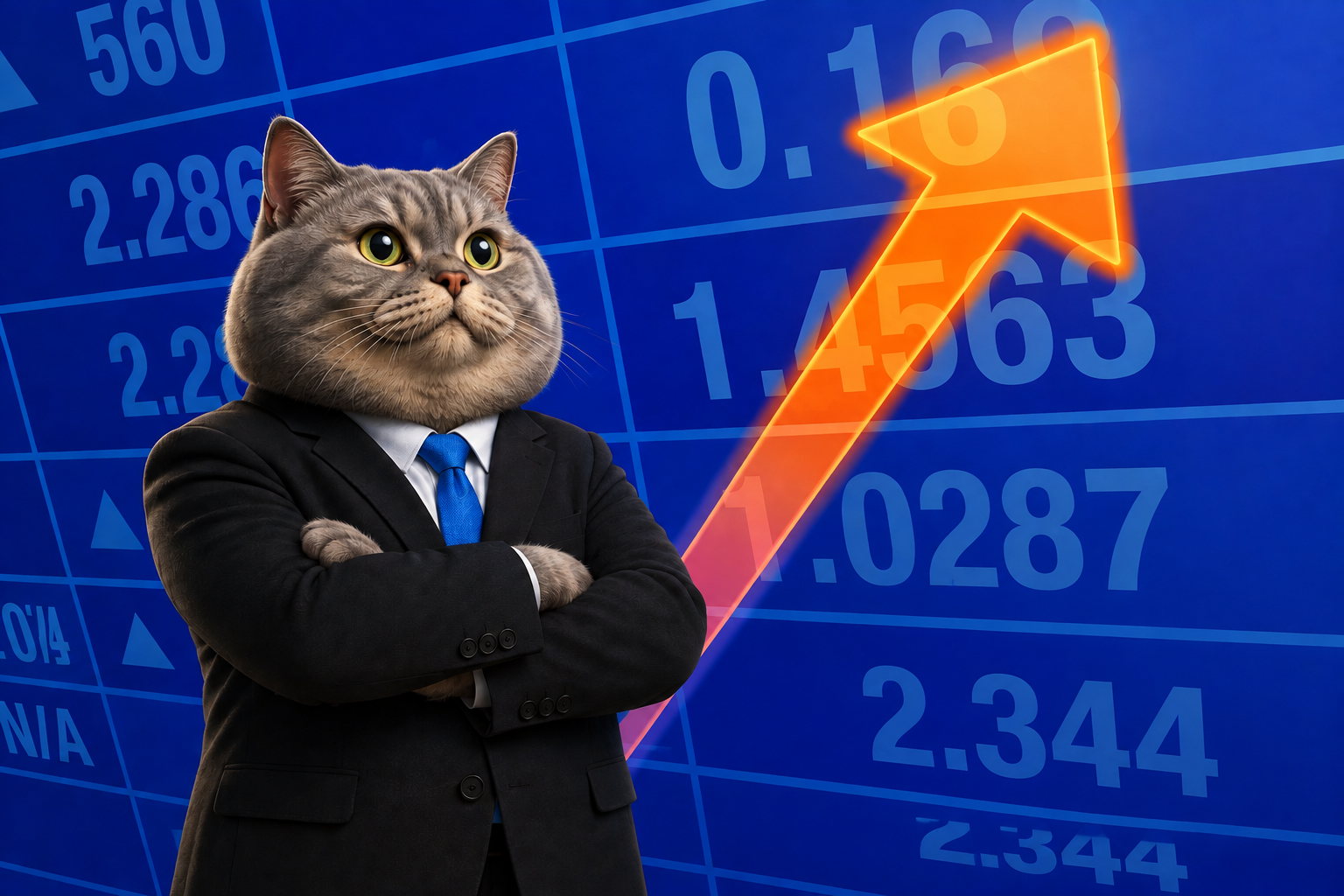 CONKS Cat: grey cat in a business suit standing in front of a rapidly rising market chart with an upward arrow